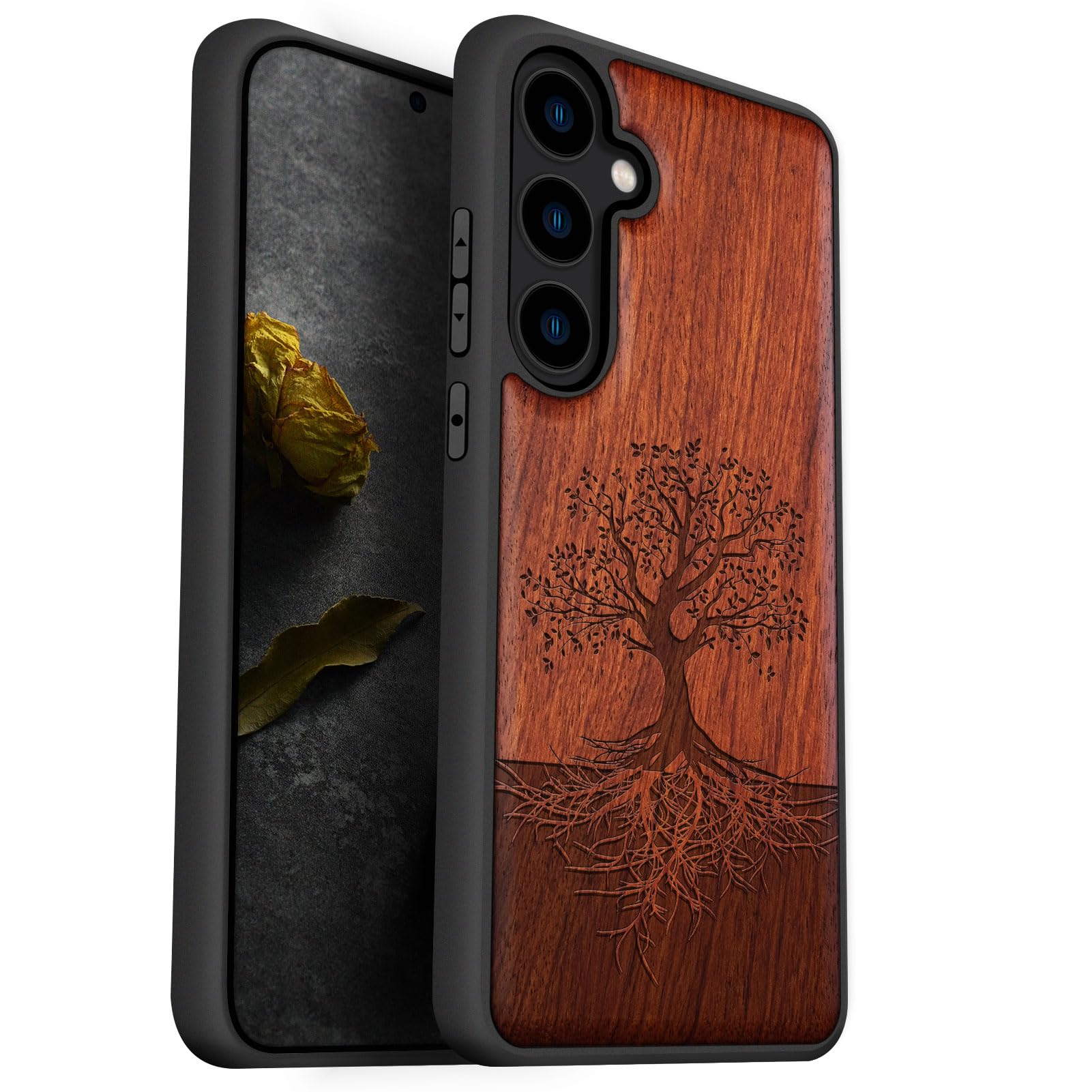 Photo 1 of Carveit Wood Case for Galaxy S24 Case [Natural Wood & Black Soft TPU] Shockproof Protective Cover Unique Wooden Design Compatible with Samsung S24 (Tree with Roots-Rosy)