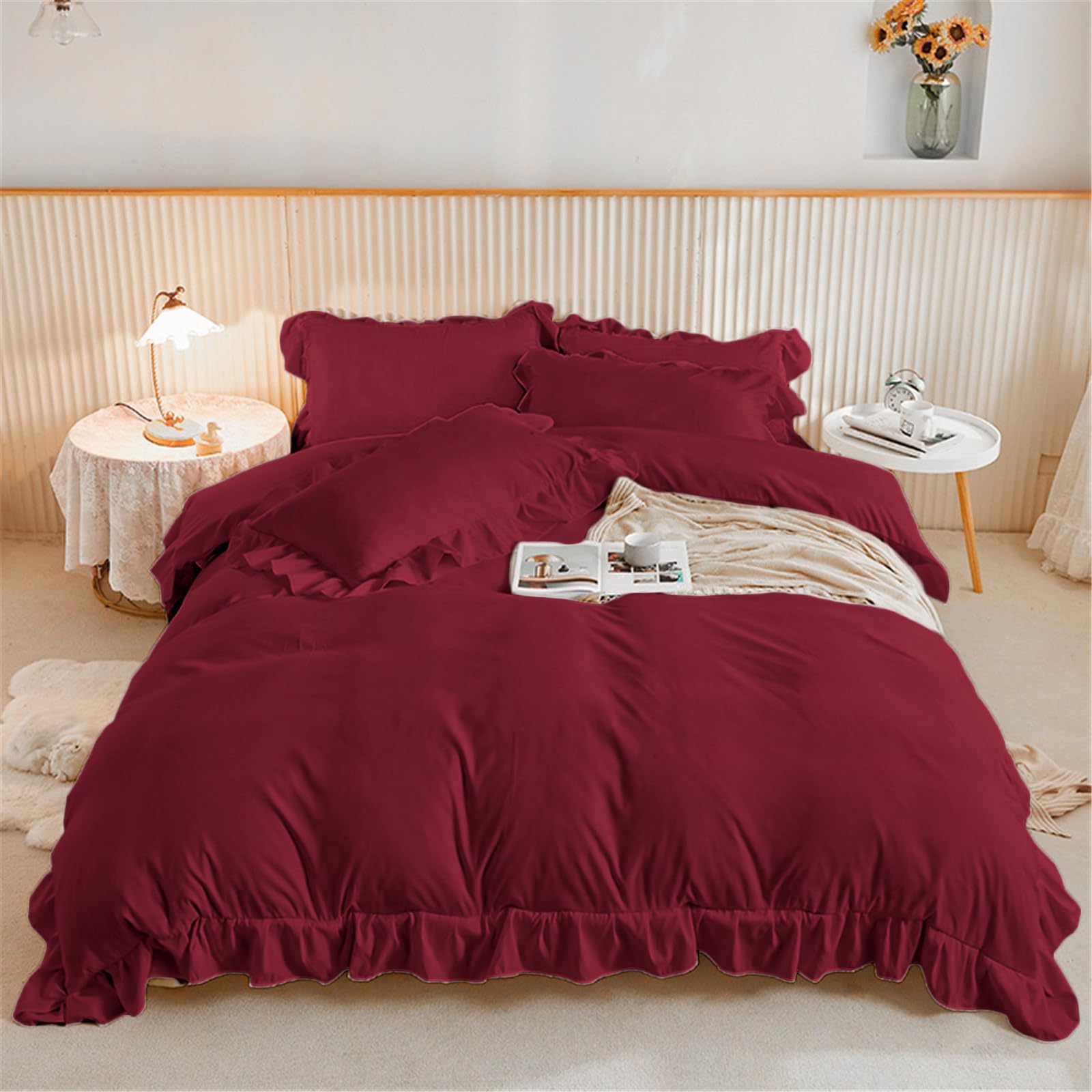Burgundy Bedding Sets Ruffle Frills Duvet Cover with Zipper Closure Soft Breathable Microfiber Duvet Cover Set Double 200 x 200 cm — image 1