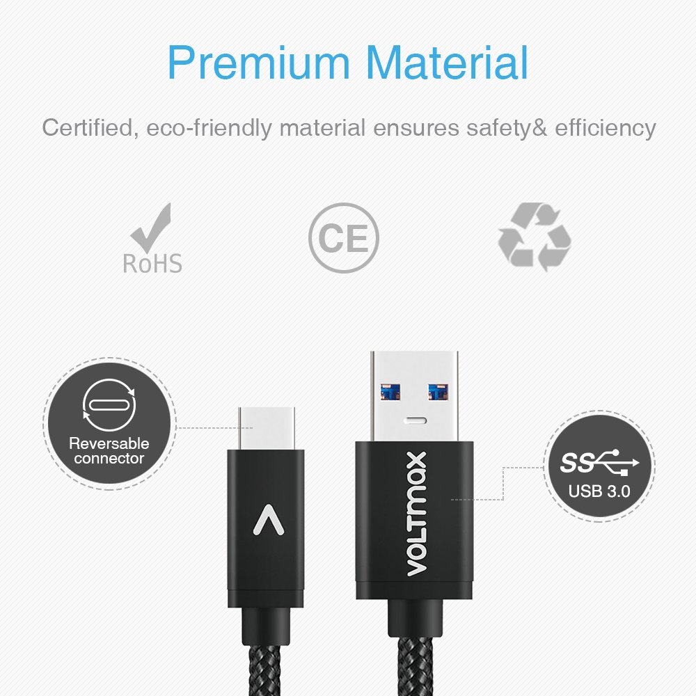 USB-C to USB 3.0 Type-C Cable (6ft) Voltmax high speed charging&syncing Nylon-Braided for Samsung Galaxy S8, Google Pixel, Nexus 6P 5X, LG G5 V20, HTC 10, Nokia N1 &more(Black)