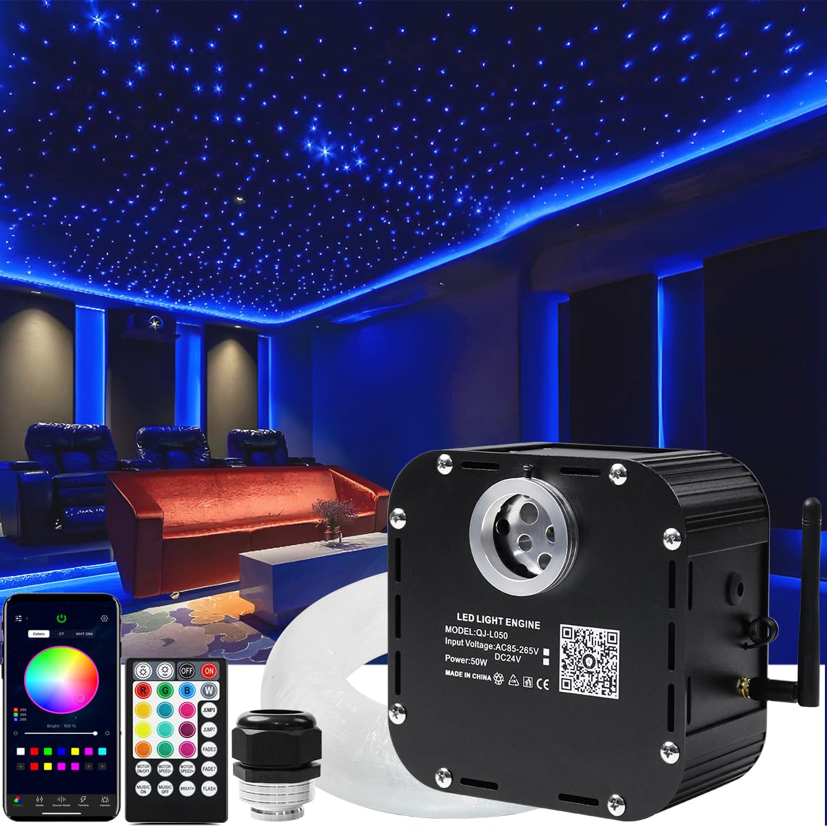 Photo 1 of AZIMOM High Brightness 50W 800pcs Twinkle Fiber Optic Starlight Kits End Glow 0.03in 13.1ft Fiber Strands Sound Activated Bluetooth/APP Remote Control Car Headliner Theater Ceiling Home Lobby