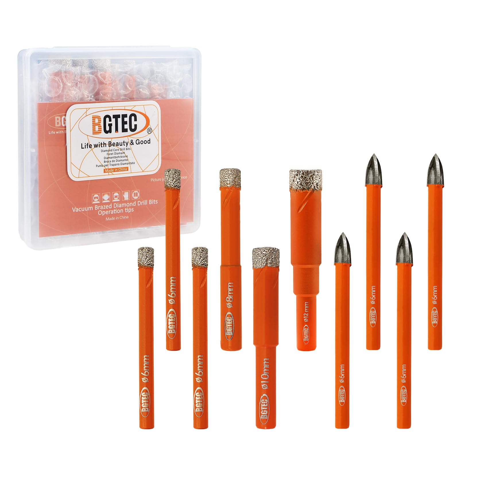 BGTEC Masonry Drill Bits Set - 6/6/6/8/10/12mm+6mm*4 Tungsten Carbide Tip Tile Drill Bit Set for Ceramic Tile, Brick Wall, Wall Mirror, Plastic and Wood Round Shank. — image 1