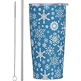 Perinsto Christmas Snowflakes 20oz Travel Tumbler With Lid And Straw, Blue Stainless Steel Tumblers Insulated Coffee Cup Mug Gift For Men Women
