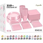 350 Pcs Pink Plastic Plates For Party, Pink Disposable Plates Set, 50 Of Each 9" Dinner Plate Set, 7" Dessert Plate, Cups, Napkins & Cutlery Plastic Dinnerware Set Exquisite