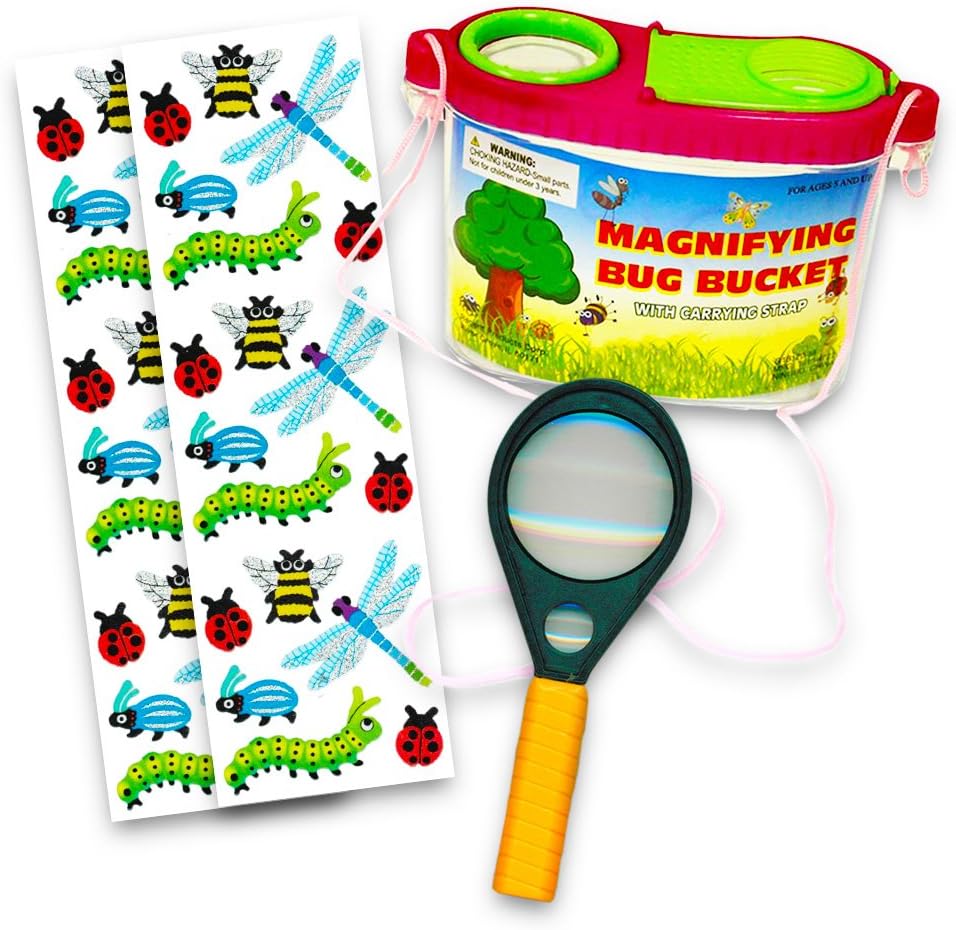 Crenstone Bug Catching Kit for Kids Toddlers-- Bug Bucket with Strap, Magnifying Glass and Bug Stickers (Insect Catcher Set)
