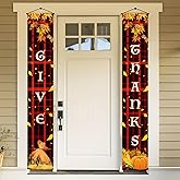 BlissYard Thanksgiving Door Banner 12x71 Inch Vertical THANKS GIVE Red Plaid Fall Porch Sign Rustic Harvest Door Hanging Decoration with Pumpkin Corn Scarecrow Autumn Entry Decor for Indoor Outdoor