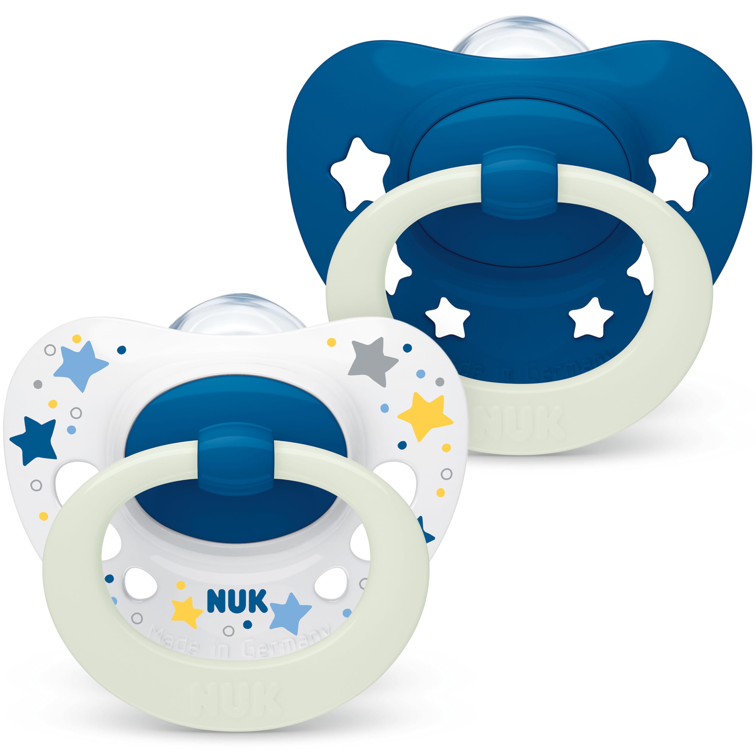 NUK Signature Night Baby Dummy | 6-18 Months | Soothes 95% of Babies | Heart-Shaped BPA-Free Silicone Soothers | Glow-in-the-Dark | Includes Case | Blue Stars | 2 Count