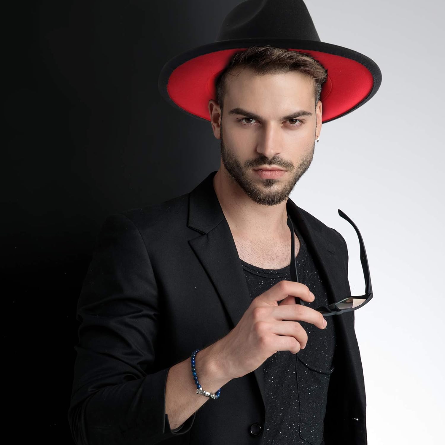 EXTREE Mens Jazz Cap Black Red Patchwork Wool Felt Fedora Hats Belt Buckle Decor Unisex Wide Brim Cowboy Cap Sunhat (Black) at  Men’s Clothing store
