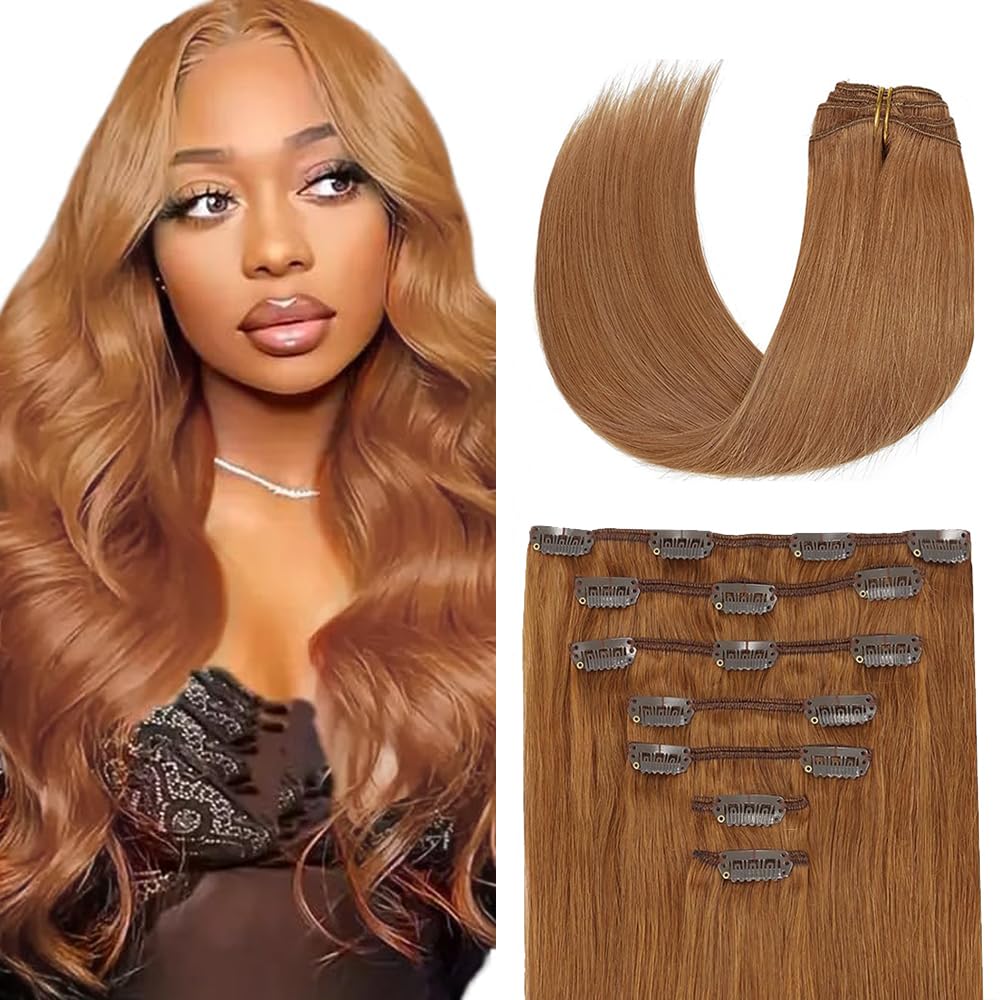 Photo 1 of 16 Inch #30 Brown Clip in Hair Extensions,Soft Real Human Hair 120g 7pcs,Brazilian Remy Clip ins for Women,Light Brown Clip ins Silky Straight Hair Extensions
