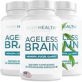PUREHEALTH RESEARCH Ageless Brain Supplements for Memory and Focus - Nootropic Brain Supplement - Brain Health Supplements for Adults - with Vitamin B6, Niacin, Alpha GPC & More - 3 Bottles
