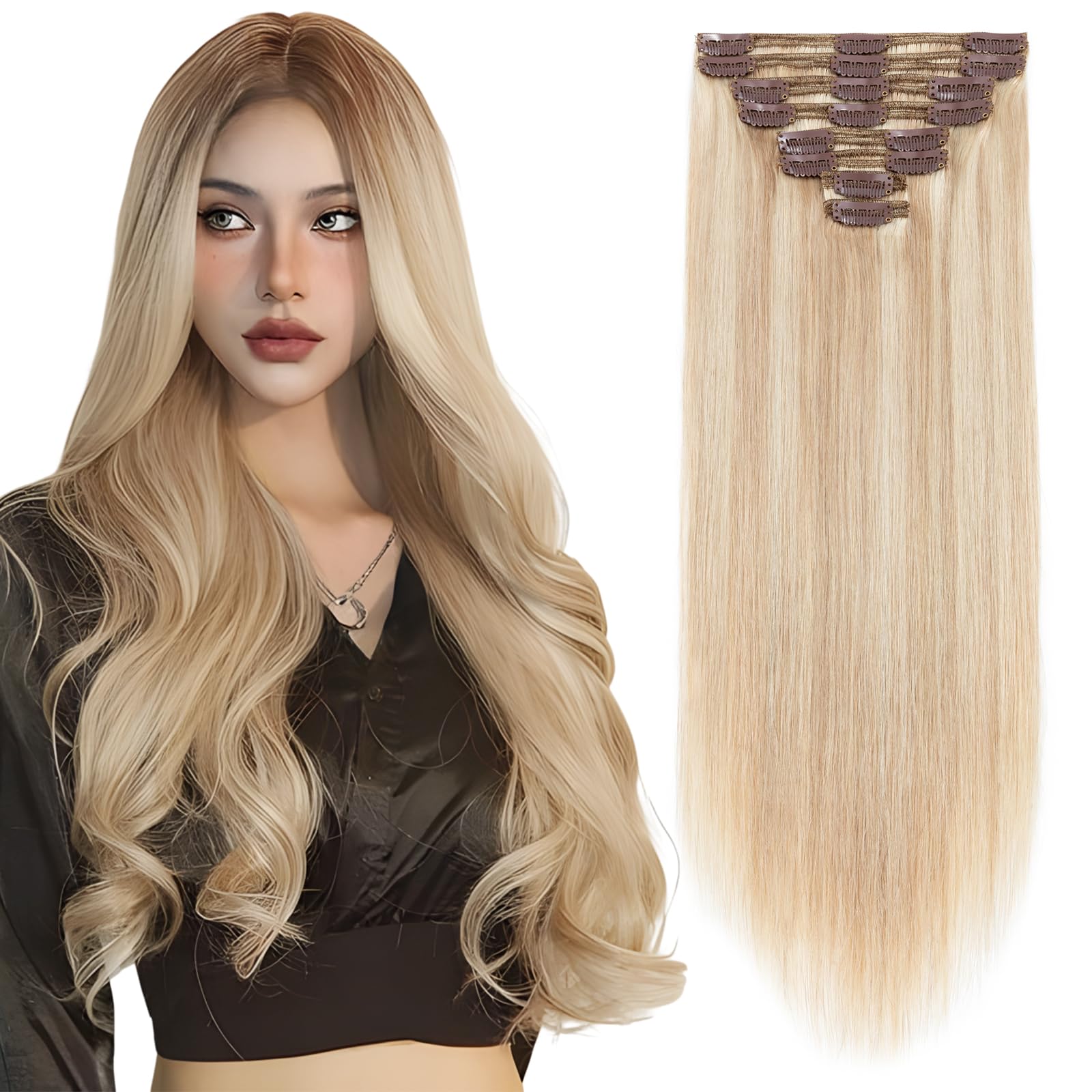 Elailite Clip in Hair Extensions Real Human Hair Double Weft Thick Remy Natural Hair - 8 Pieces Full Head Straight - #18/613 Ash Blonde Mix Bleach Blonde - 12 Inch (115 g)