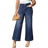 Eytino Women's Plus Size Wide Leg Jeans Elastic Waist Front Seam Stretchy Denim Pants with Pockets(1X-5X)