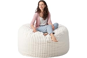 Cansunna Bean Bag Chairs, 4' Memory Foam BeanBag Chair with Filling for Adults, Soft Round Lazy Sofa with Faux Rabbit Fur Cover for Living Room Bedroom College Dorm (White, 4FT)
