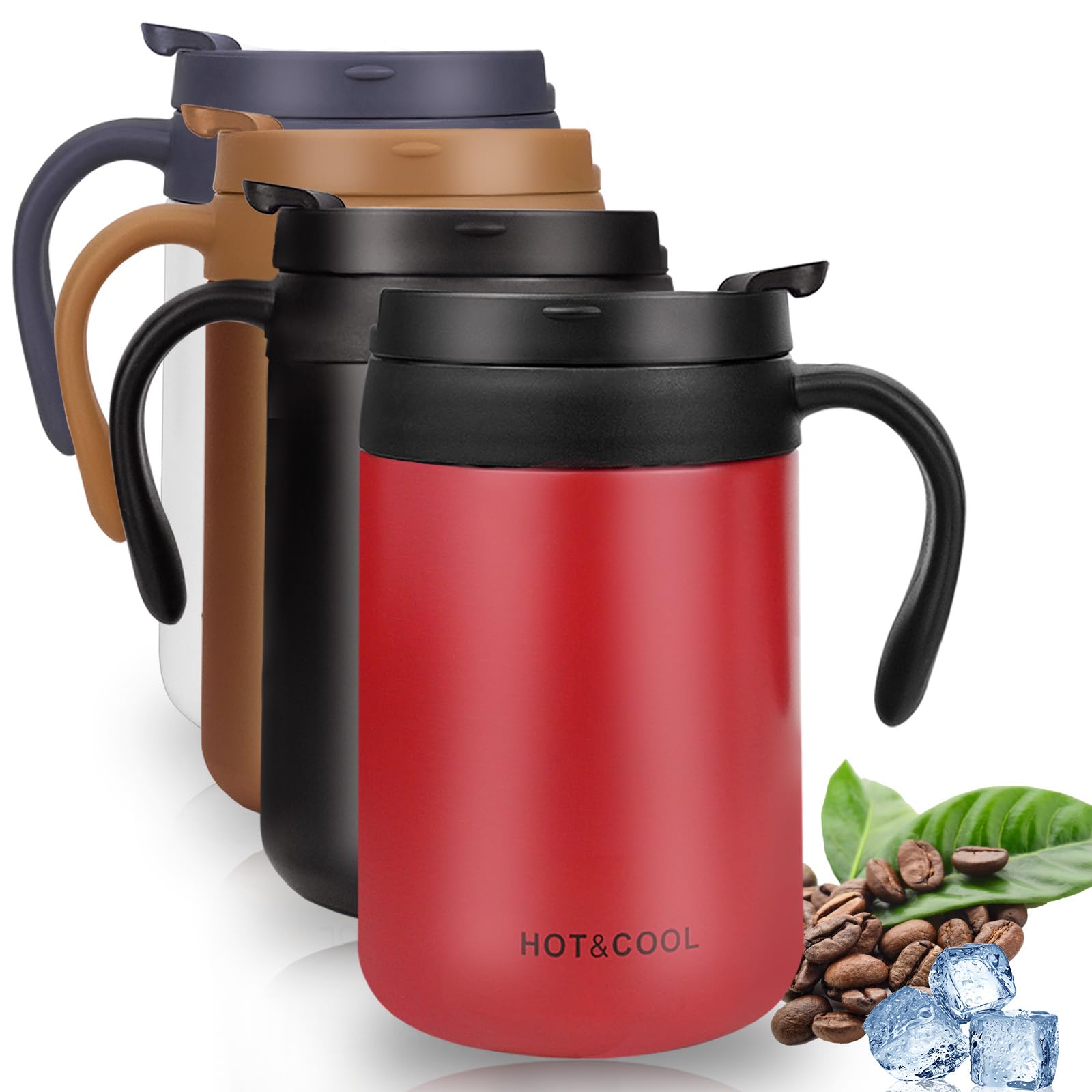 Coffee Cup, Insulated Coffee Mug, Double Wall Vacuum Stainless Steel Travel Mug with Handle and Lids, Portable Reusable Thermal Mug Flask for Hot Drink and Iced Water Coffee Tea, 500ml/17oz (Red)