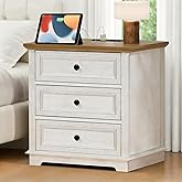 Nightstand with Charging Station, 24” Wide End Table with 3 Drawers, Modern Bedside Table with Storage, Wood Small Dresser for Bedroom Room (White)