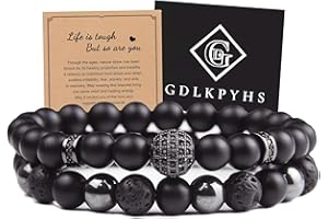 GDLKPYHS Black Obsidian Bracelet - Cubic Zirconia Bracelet - Tourmaline Beaded Bracelets, 8MM Black Onyx Hematite Lava Stone Beads Triple Protection Bracelet for Men Women Gifts