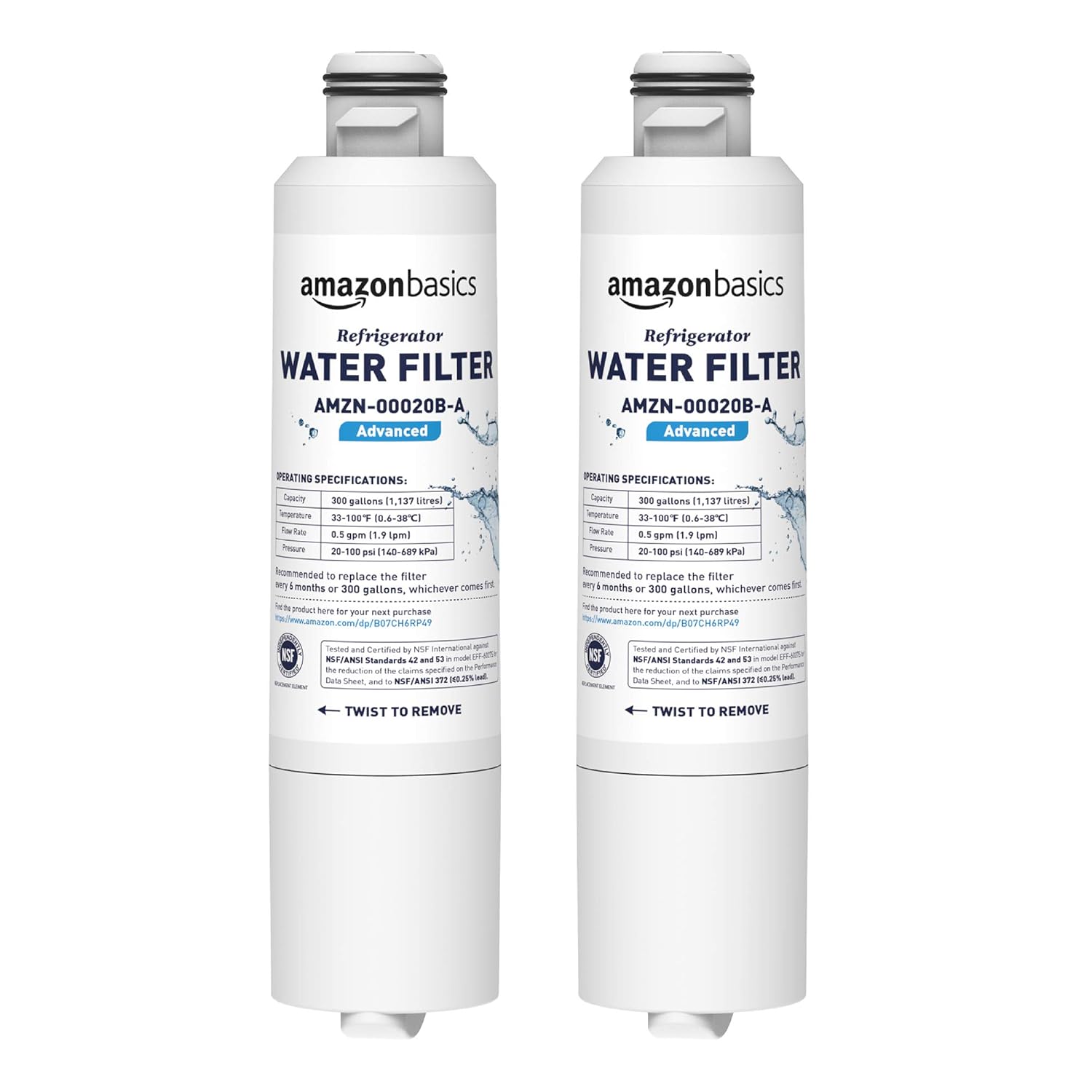 AmazonBasics Replacement Samsung DA29-00020B Refrigerator Water Filter - Advanced Filtration - 2-Pack