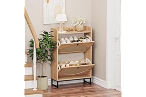 KFO Shoe Cabinet with 2 Handmade Natural Rattan Flip Drawers, Entryway Shoe Rack Storage Organizer for Sneakers, Leather Shoes, Slippers, Free Standing Shoe Racks……