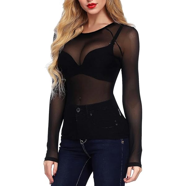 トップス MEER. NECK SLIT SHEER TOP /BLK Amazon.com: Women Mesh Tops Long Sleeve Sheer Mock