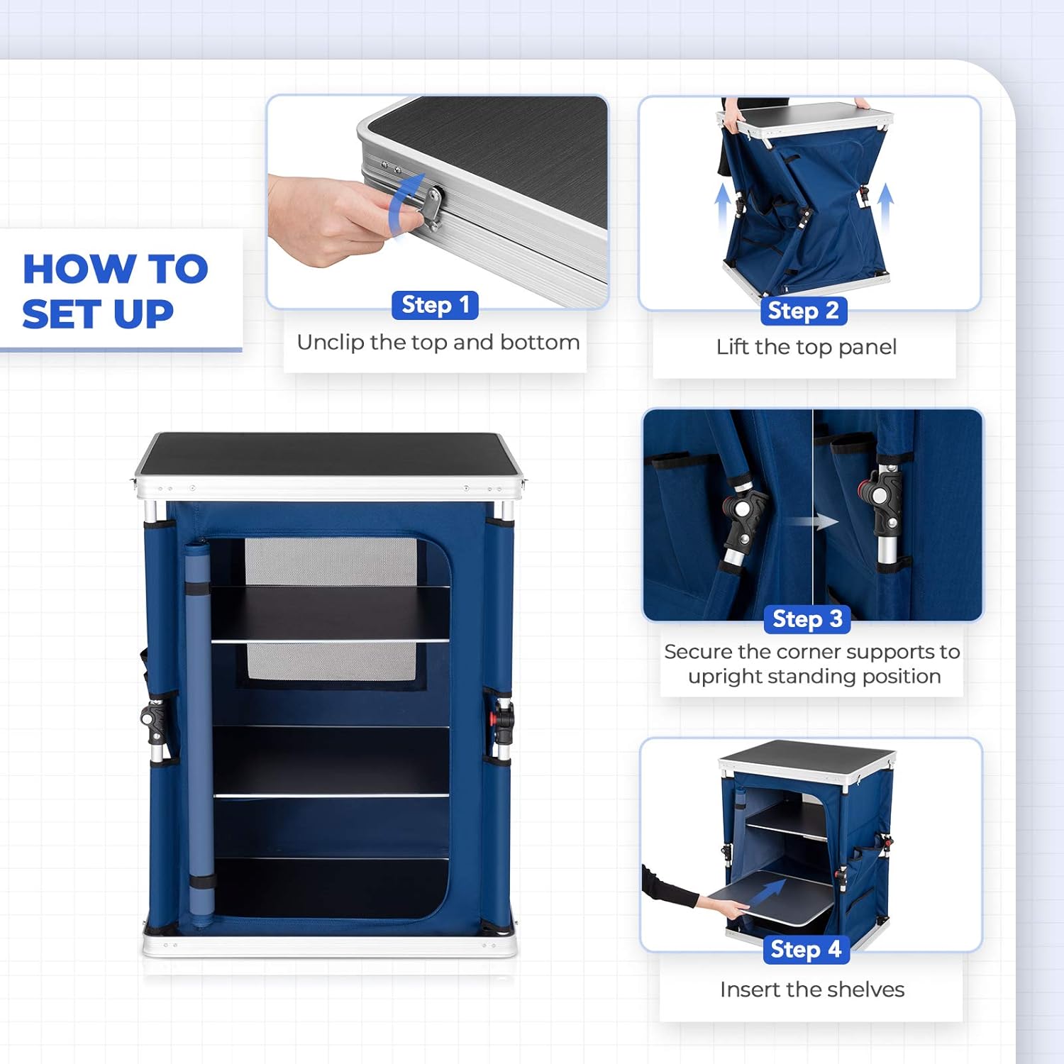 Eagle Peak Outdoor Camping Pop Up Folding Table with Large 3-Tier Storage Organizer and Side Pockets, Easy Set Up Portable Lightweight Aluminum Camping Kitchen, Blue: Kitchen & Dining