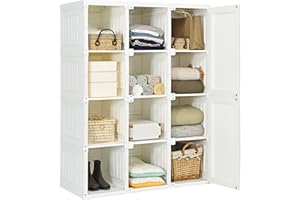 Tangkula Portable Closet Wardrobe, Foldable Clothes Organizer with Cubby Storage, Hanging Rods, Easy Assemble Clothing Storage with Magnet Doors, Folding Bedroom Armoire (12 Cubbies)