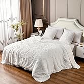 YUSOKI White Queen Faux Fur Blanket,2 Layers,90"x90" Without Pillows Big Soft Plush Fuzzy Large Warm Fluffy Throw Blanket for Bed
