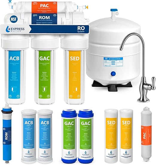 Express Water RO5DX Reverse Osmosis Filtration NSF Certified 5 Stage RO System with Faucet and Tank &ndash; Under Sink Water Plus 4 Replacement Filters &ndash; 50 GPD, 14 x 15 x 5