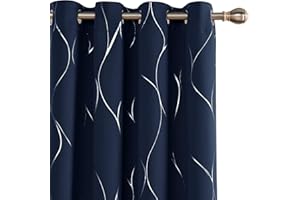 Deconovo Silver Wave Foil Print Blackout Bedroom Curtains, Room Darkening Noise Reducing Window Curtains 2 Panels for Living 