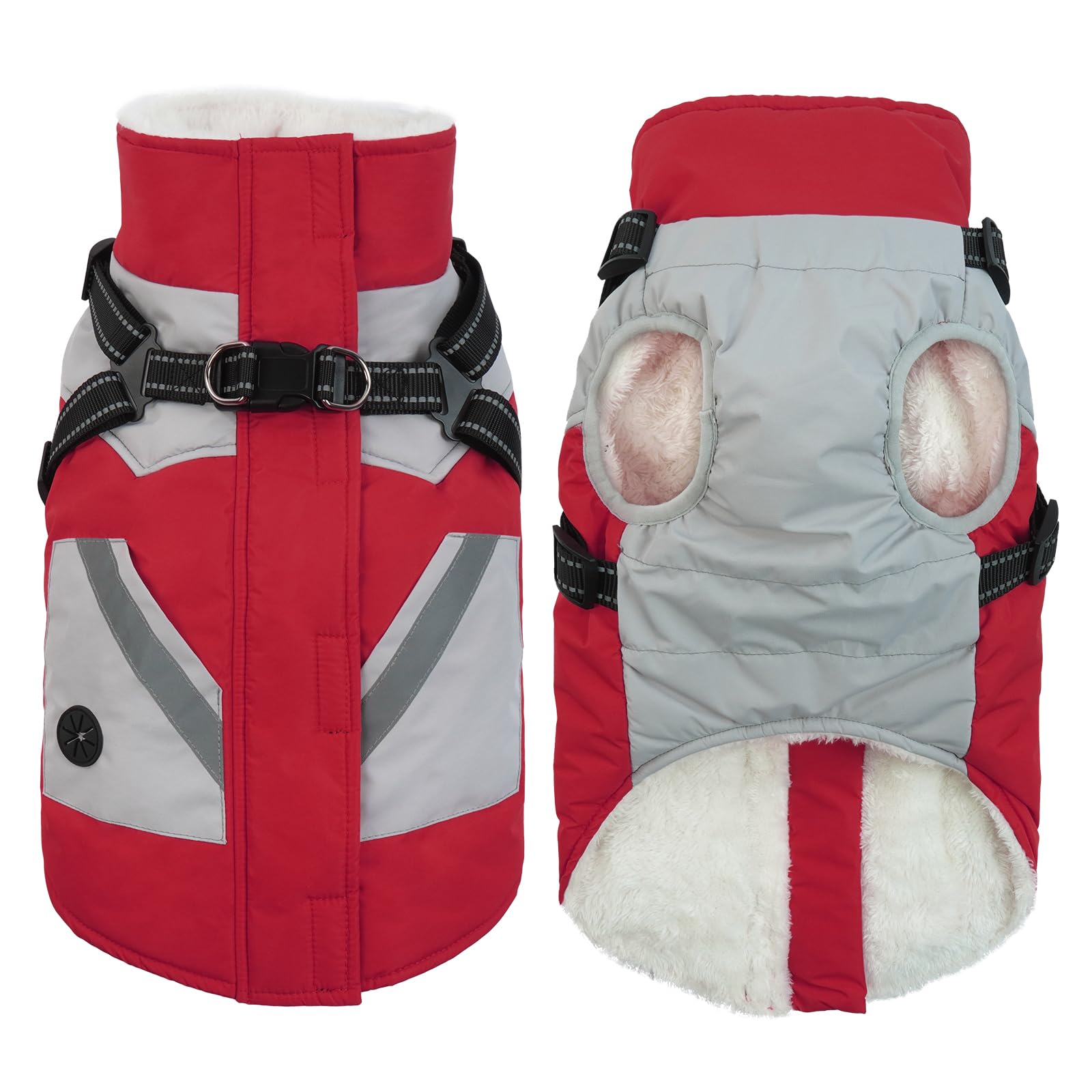 IECOii Thick Fleece Lined Dog Coat with Harness Built in,Zip Up Dog Winter Jacket Dog Snowsuit Waterproof Windproof Warm Dog Harness Coat 2 in 1 Puppy Cold Weather Clothes for Large Medium Small Dogs