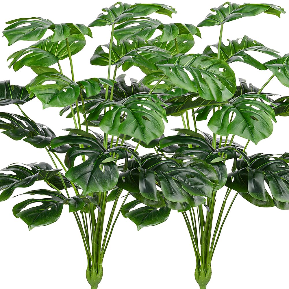 Photo 1 of CLONG Artificial Palm Leaves Plants Faux Fake Monstera Turtle Leaf Tropical Large Palm Tree Leaves Plant Outdoor UV Resistant Plastic Plants (2 Pcs, Green)
