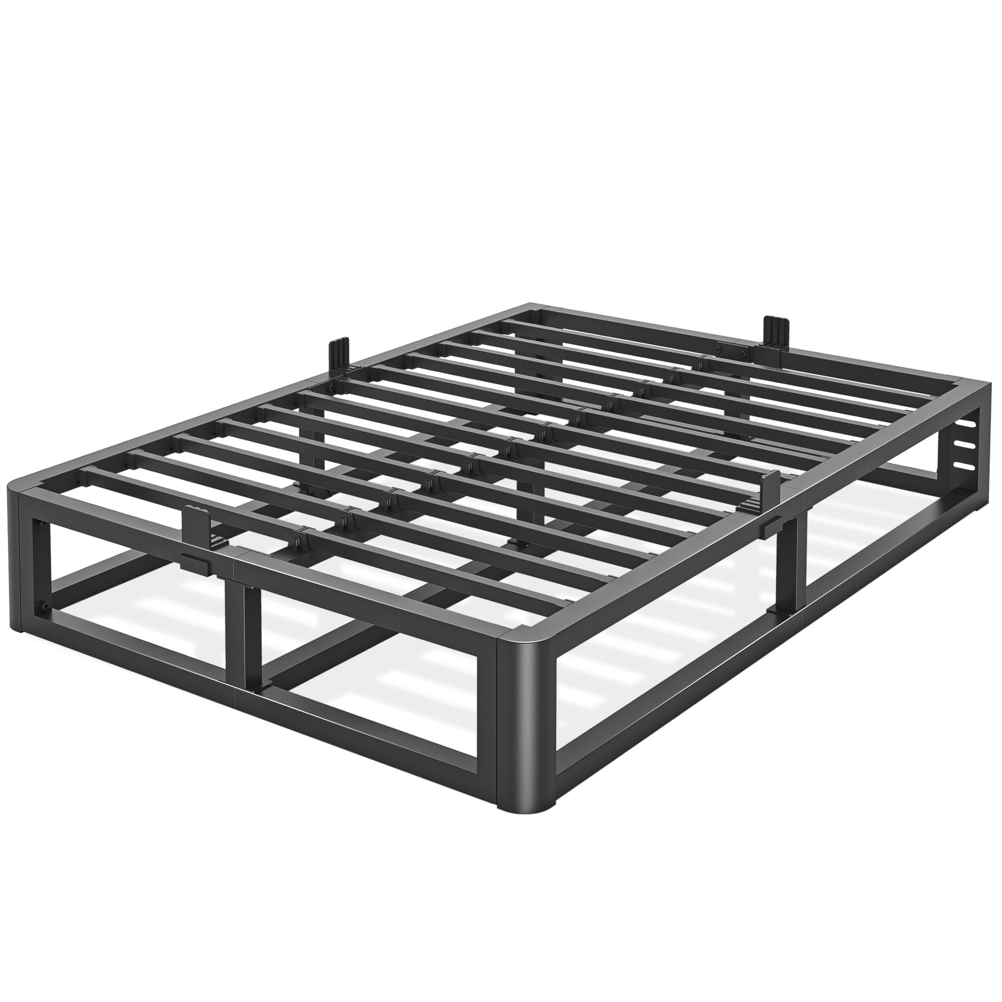 Firpeesy Metal Heavy Duty 12 inch California King Bed Frame with Rounded Corner and Headboard Hole Mattress Retainers 3500 LBS No Box Spring Needed Platform Noise Free Easy Assembly