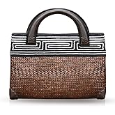 QTKJ Straw Bag, Beach Bag for Women, Handmade Rattan Handbag, Boho Retro Woven Tote Bag Round Wooden Handle, Summer Bag for Beach Vacation Daily