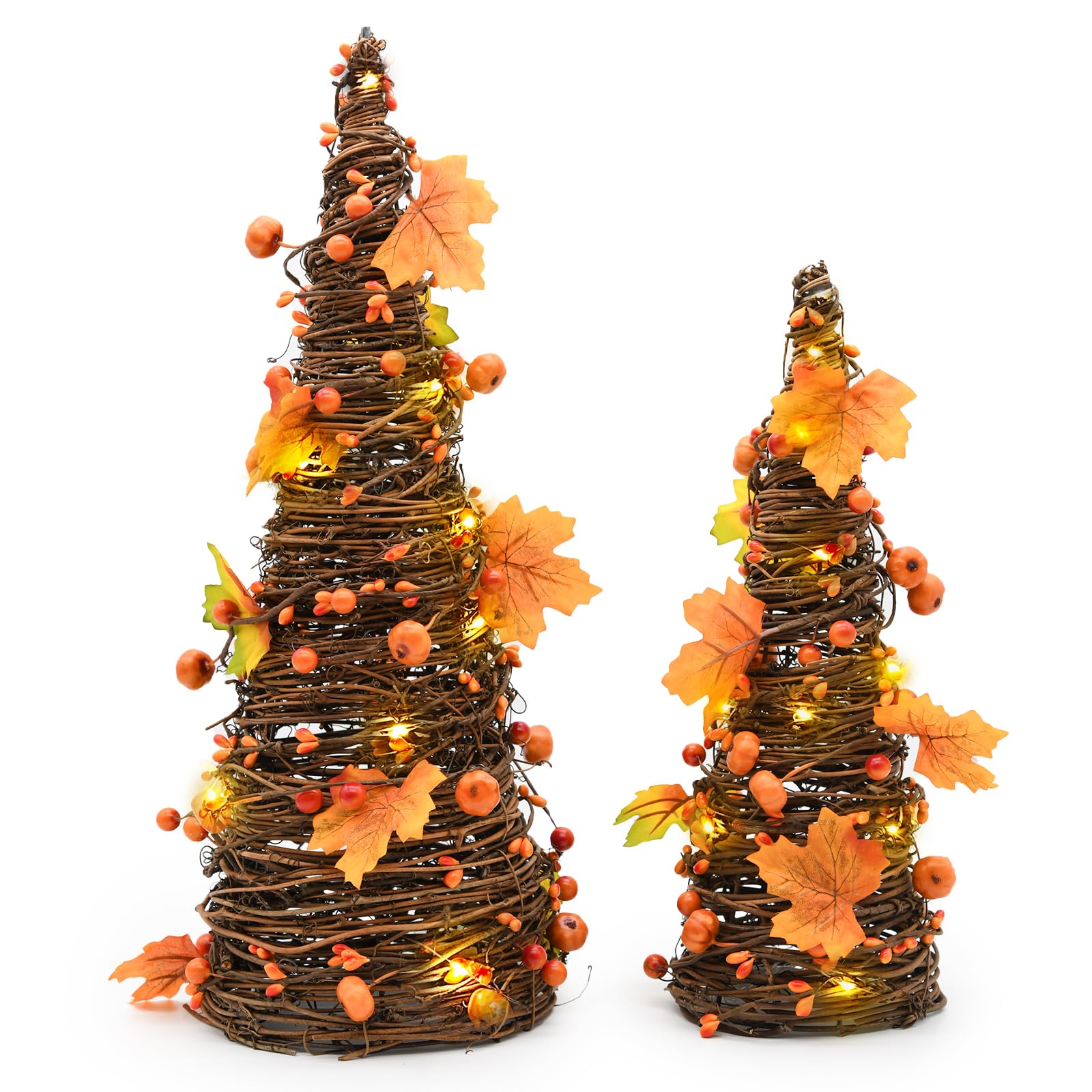 Photo 1 of CRCZK 16inch Fall Tree Decoration Indoor, 2PCS Artifical Autumn Rattan Pumpkins Berries and Maple Leaves Decorations for Porch, Light Up Fall Harvest Kitchen Mantle, Table Decor Thanksgiving Decor