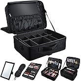 Adazzo Large Makeup Bag, 3 Layers 17” Makeup Case Organizer with Mirror Professional Cosmetic Storage Backpack Box Travel Artist Carrying Vanity Bags with Brush Slot/Shoulder Strap/Attach to Suitcase