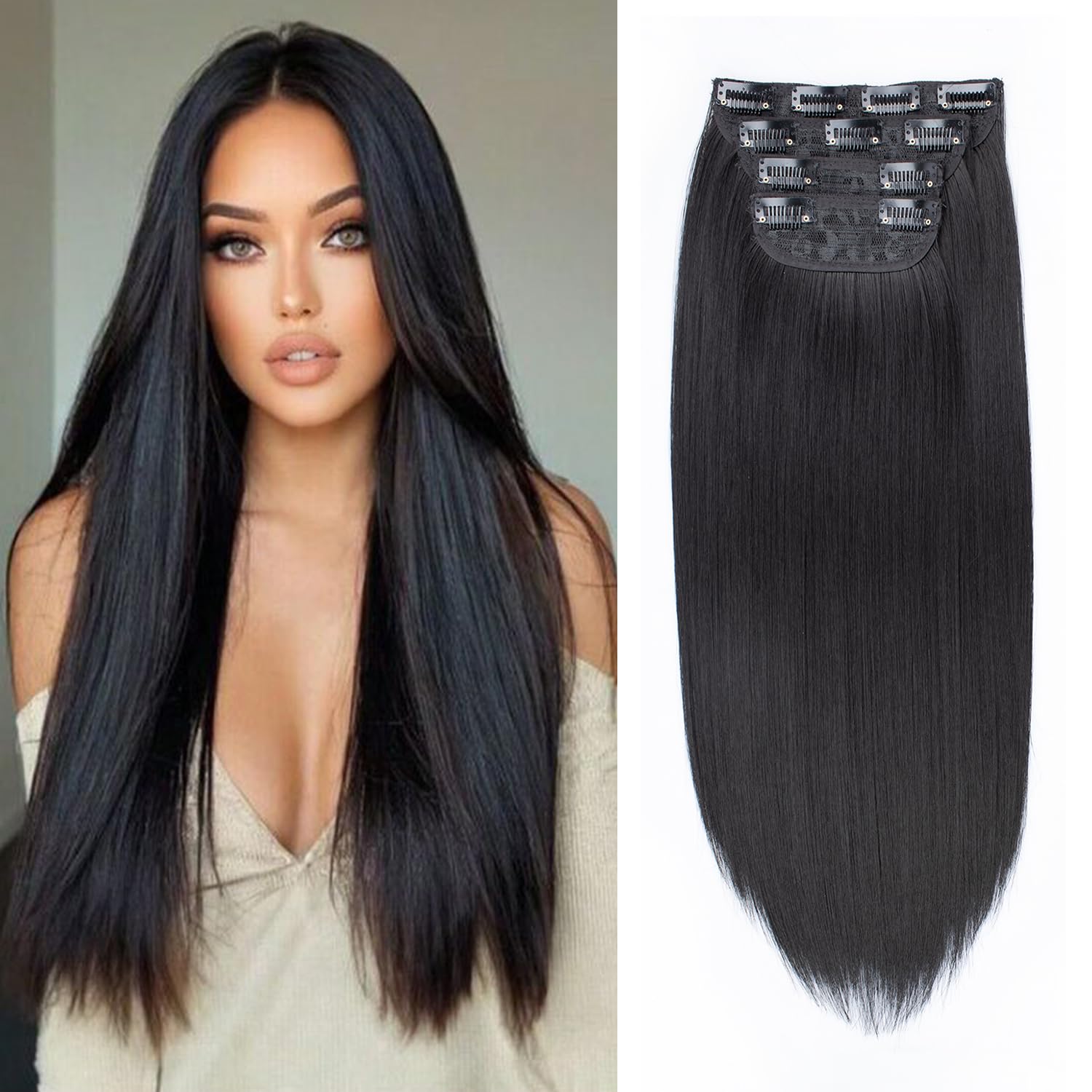 Mscat 16 Inch Clip-In Hair Extensions - Straight Synthetic Hair Pieces for Women & Girls (4PCS Full Head Set, Thick) - 1B# — image 1