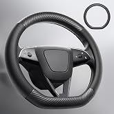 Wigoo Steering Wheel Cover for Tesla Model Y Juniper 2025-2026 &amp; Model 3 2024-2026 &amp; Model YL 2026-2027 Accessories, Nappa with Carbon Fiber Leather, Non-Slip Comfortable Grip, D Shape, Black