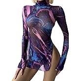 JASASCCEL Sexy Mini Sheer Dress for Women Printed High Slit Short Dress Coverup Long Sleeves Lettuce Mock Turtleneck