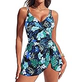 Hanna Nikole Women One Piece Swimsuits, Tummy Control Bathing Suit Ruched, Push Up Twist Front Swimdress with Tie Knot Skirt