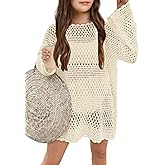 CharmWM Girls Long Sleeve Swim Coverups Kids Fashion Crochet Beach Dress 5-14 Years