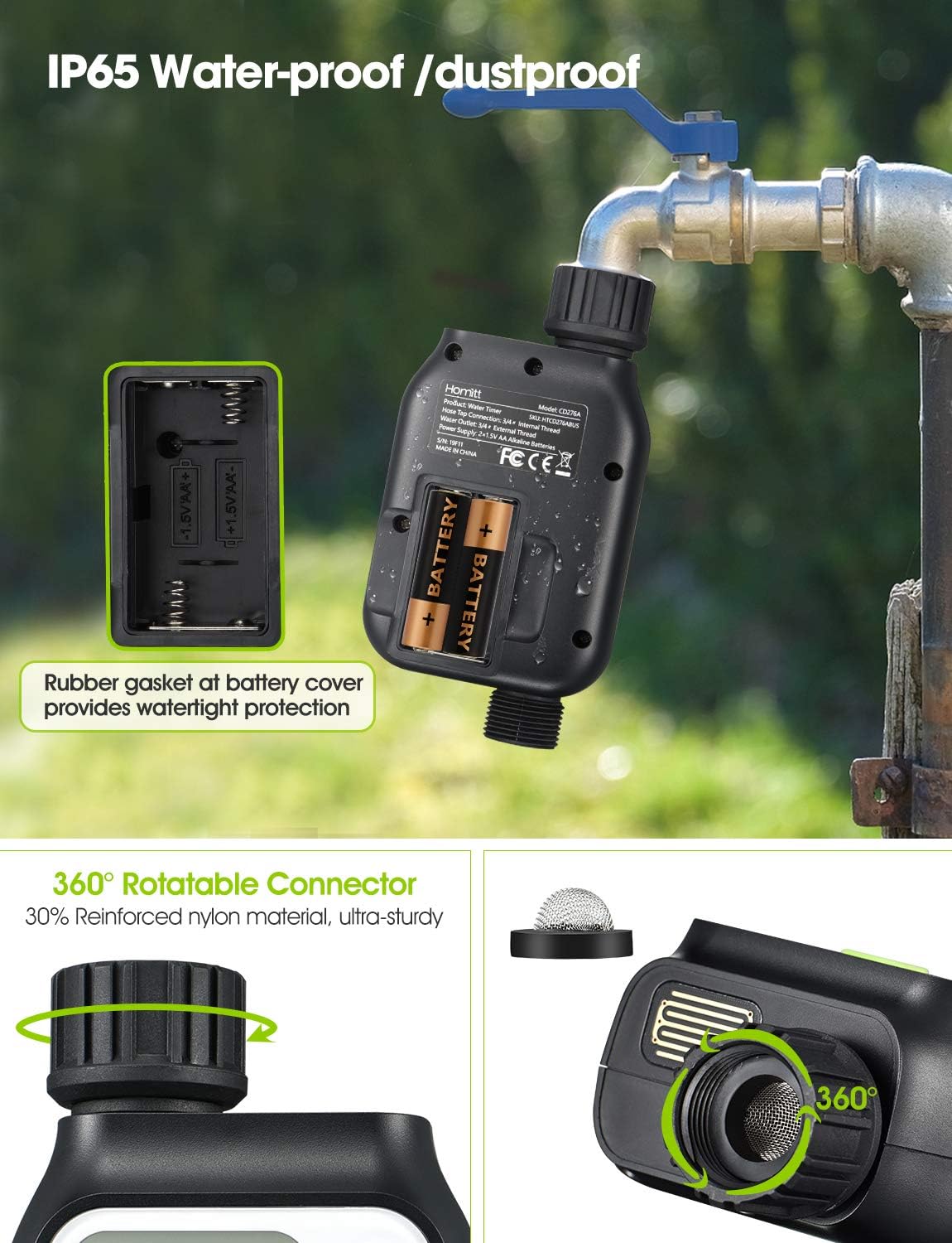 Homitt Water Timer, 3 Separate Watering Programs Sprinkler Timer with Rain Auto Sensor Function, Hose Timer/Single Valve Faucet Timer for Garden, Drip Irrigation, Sprinkle System, Rain Barrel : Garden & Outdoor