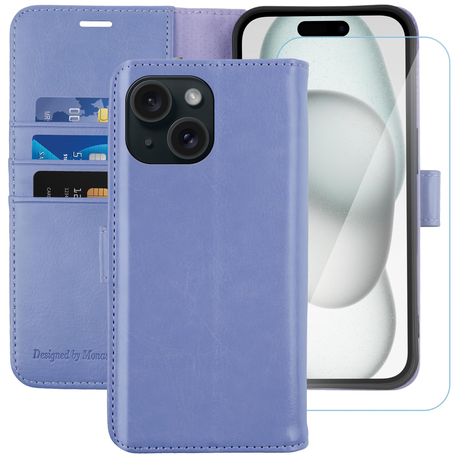 MONASAY for iPhone 15/14 Plus 5G Wallet Case, 6.7-inch [Glass Screen Protector Included] [RFID Blocking] Flip Folio Leather Cell Phone Cover with Credit Card Holder, Lavenders