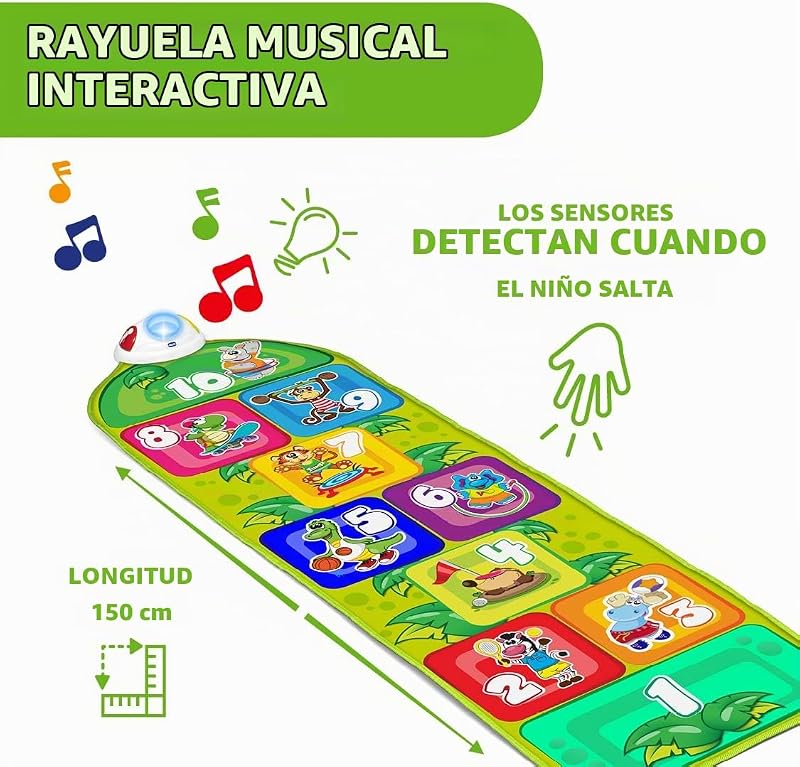 Chicco jump & fit, tapete musical para crianças eletrônicas e interativas com luzes e som para jogar a rayuela, 2 modos de jogo, 150 cm - brinquedos para crianças de 2 a 5 anos