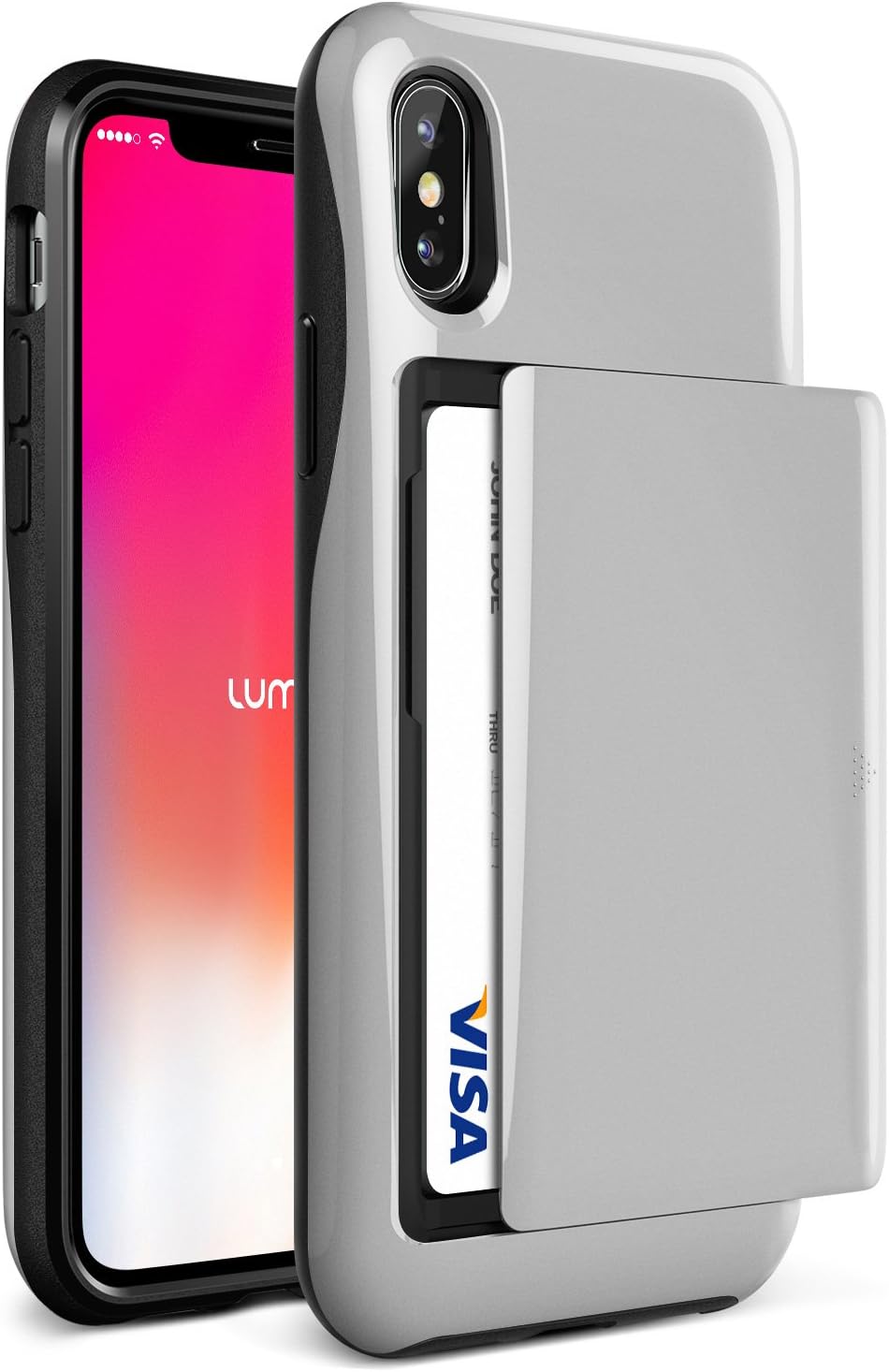 iPhone X Case, [Semi-auto Sliding] Card Slot Holder Wallet Case Heavy Duty Protective Slim Thin Fit Cover [Wireless Charging Compatible] for Apple iPhone X/iPhone 10 by Lumion (D.Glide - Silver)
