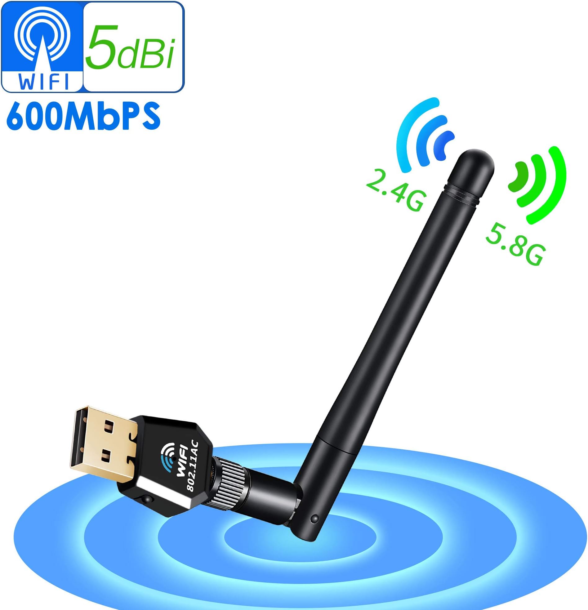 Vipfan Wifi Dongle, USB Wifi Adapter Dual Band 600Mbps Wireless Network Adapter with 5dBi Antenna for PC/Desktop pc/Laptop/Table Supports Windows 10/8/7/Vista/XP/2000, Mac OS X 10.4-10.12