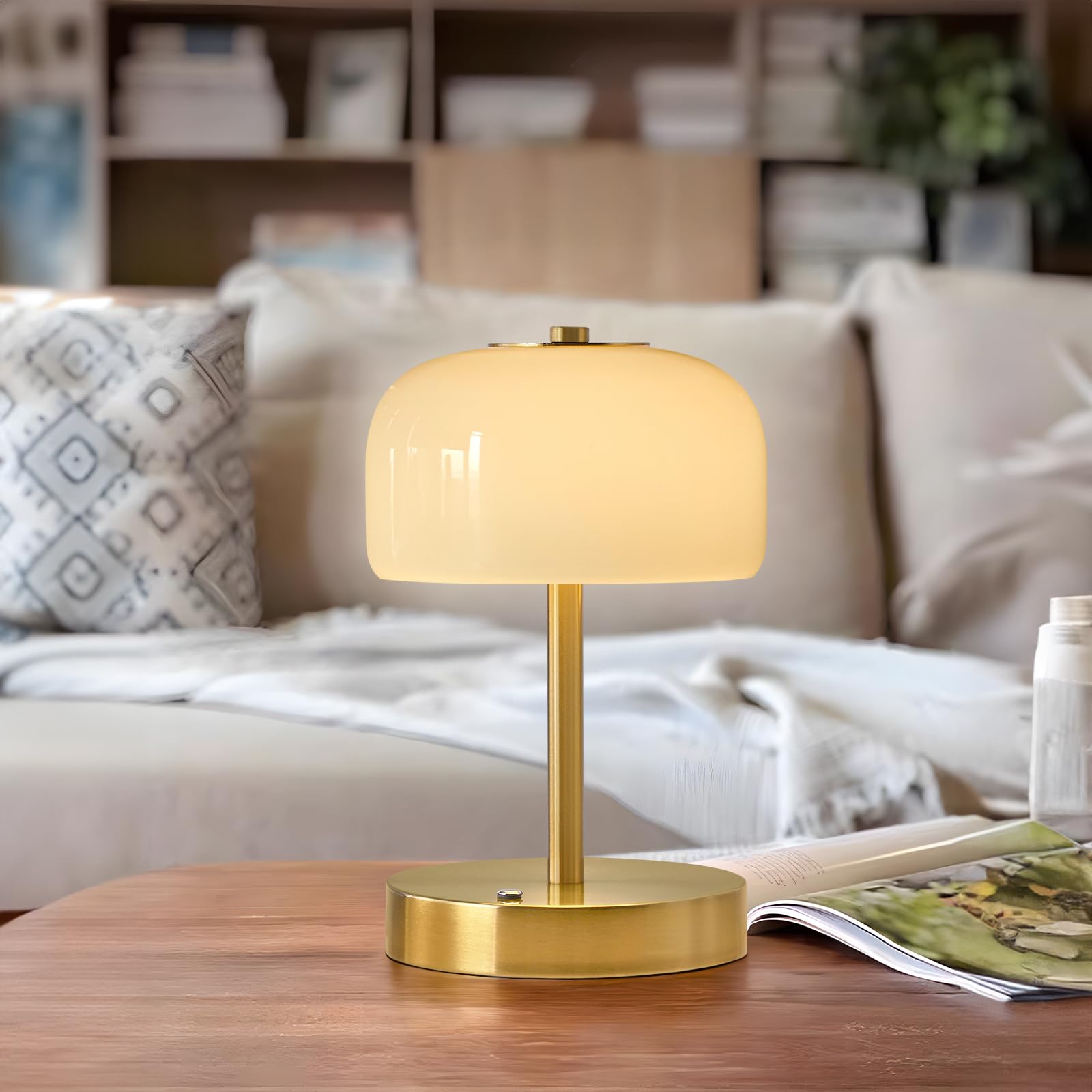 Photo 1 of PORTRES Cordless Table Lamp Rechargeable Battery Operated Mushroom lamp Opal Glass Shade 3 Way Dimmable LED Touch Outdoor Lamp for Camping Bedroom Dining Living Room Beside Patio Restaurant,Gold