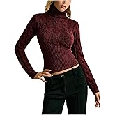 MakeMeChic Women's Cable Knit Sweater Cropped Turtleneck Long Sleeve Fitted Pullover Tops