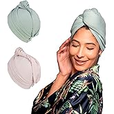 KISMETICS - 2 PCS Tee Shirt Drying Wrap, Frizz Free, Soft & Lightweight&Flexible, Hair Drying Turban, Gentle Drying Towel Wrap with Button, for Long Hair (Sage&Pink)