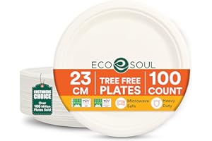 ECO SOUL 9 Inch Compostable Disposable Paper Plates [100 Pack] Food Safe 100% Virgin Bagasse Pulp Heavy Duty Biodegradable Mi