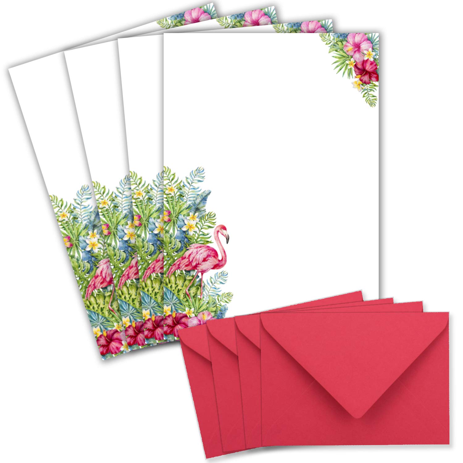 25 Sets of A4 Letter Paper in White with Tropical Flamingo Motif with Envelopes DIN C6 in Flamingo Letter Paper – Printable – Ideal for Wedding Invitations