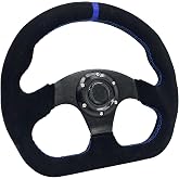 Spaorcco 13" Blue Stripe Sim Racing Steering Wheel Suede Leather Wrap | Race Style D-Shaped Flat Bottom Steering Wheel with Blue Stitch and Horn Button