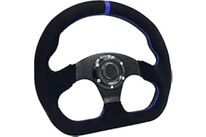 Spaorcco 13" Blue Stripe Sim Racing Steering Wheel Race Style D-Shaped Flat Drift Steering Wheel Suede Leather with Blue Stitch and Horn Button